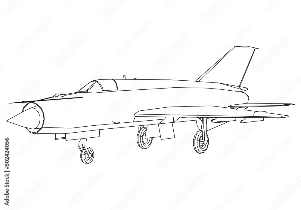 Military fighter jet icon in outline style isolated on white background vector illustration. Military vehicle logotype. Soviet Union fighter and interceptor aircraft Mig-21.