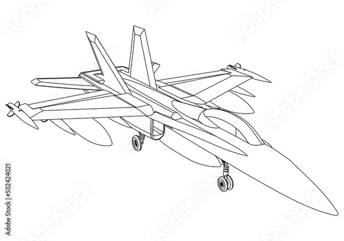 Military fighter jet icon in outline style isolated on white background vector illustration. Military vehicle logotype. American CF-18 Hornet.