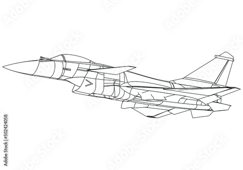 Fighter jet drawing line art vector illustration for coloring book. Cartoon Aeroplane drawing for coloring book for kids and children.