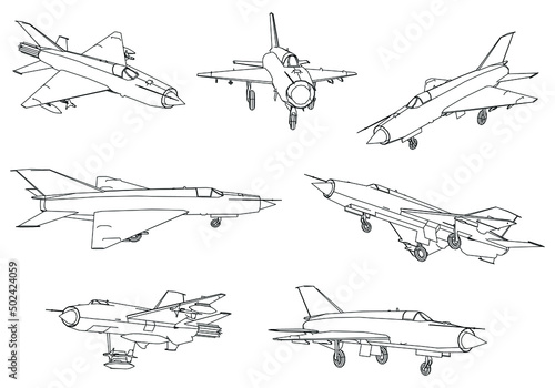 Military fighter jet icon in outline style isolated on white background vector illustration. Military vehicle logotype. Soviet Union fighter and interceptor aircraft Mig-21.