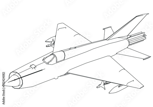 Military fighter jet icon in outline style isolated on white background vector illustration. Military vehicle logotype. Soviet Union fighter and interceptor aircraft Mig-21. photo