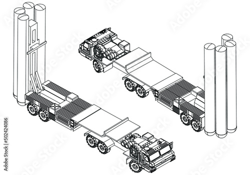 Air defense system. Rockets and shells. Special military equipment. Air Attack. Vector Military machine. Military vehicle logotype.