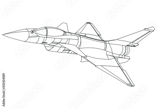 Fighter jet drawing line art vector illustration for coloring book. Cartoon Aeroplane drawing for coloring book for kids and children.