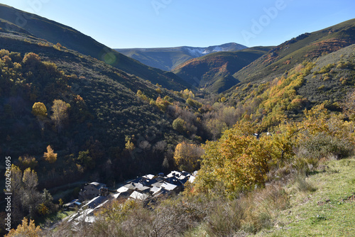 Scenery of Ponferrada (El Bierzo) from Bouzas road on a sunny, foggy day in Spain photo