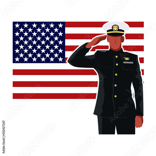 Vertical vector illustration of an officer saluting in front of the US flag