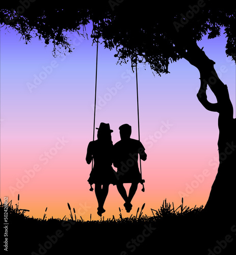 Illustration silhouette of a couple sitting on a swing looking at the sunset