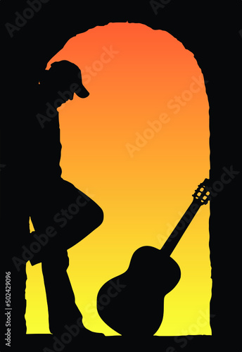 Illustration silhouette of a man leaning on the wall under the arch with a guitar