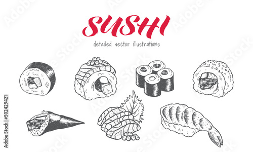 Beautiful hand drawn sushi, sketch design, doodle elements, great for textiles, banners, wallpapers, menus, background - vector design