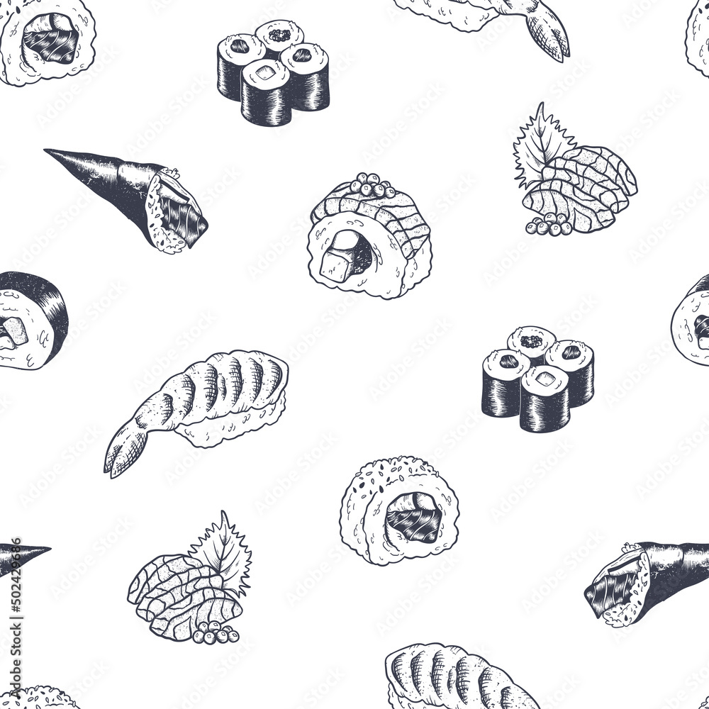 Beautiful hand drawn sushi seamless pattern, sketch design, doodle elements, great for textiles, banners, wallpapers, menus, background - vector design Beautiful hand drawn sushi seamless pattern, sketch design, doodle elements, great for textiles, banners, wallpapers, menus, background - vector design
