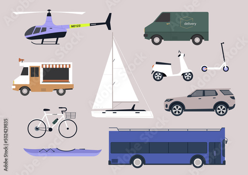 A set of different vehicles, recreational, cargo, public transport, aircrafts and boats