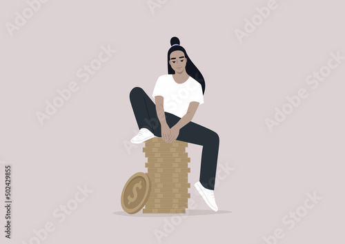 A young character sitting on a stack of coins, a salary concept