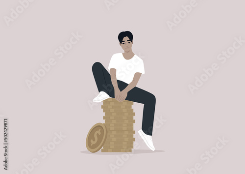 A young character sitting on a stack of coins, a salary concept