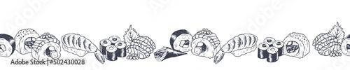 Fotografie Beautiful hand drawn sushi seamless pattern, sketch design, doodle elements, gre