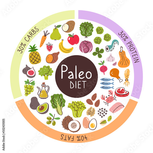 Paleo diet food ingredients. Percentages of carbs, protein, and fats most used in this diet. Food icon collection.