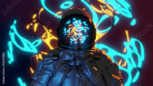 Astronaut among neon laser beams. Futuristic loop animation background.