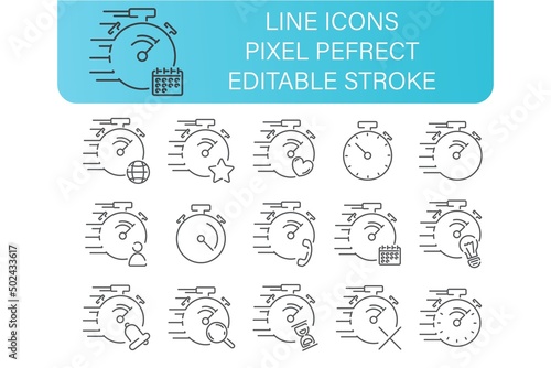 stopwatch tine line icons set, with diferend little icons, editable stroke. pixel perfect