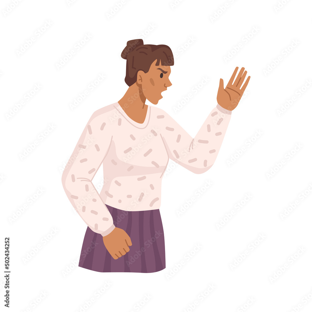 Woman gesturing and shouting, anger expression and negative emotions release. Vector flat cartoon character, isolated female arguing and quarreling, making point and discussing matter in fury Woman gesturing and shouting, anger expression and negative emotions release. Vector flat cartoon character, isolated female arguing and quarreling, making point and discussing matter in fury