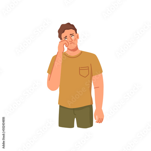 Emotional teenager expressing sadness, isolated crying man wiping tears with hands. Vector flat cartoon character, weeping boy with stress or depression. Frustrated guy worried about life