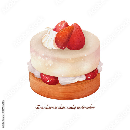 Watercolor of strawberries cheesecake vector on white background