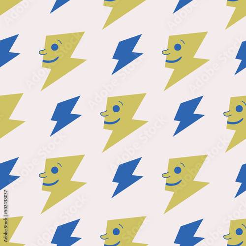 Seamless vector thunder bolts pattern. Illustration of thunderbolts with face. Background for design  fabric  textile  cover  wrapping.