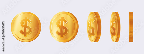Golden $ Money Coin currency in different angle, perspective view vector design.