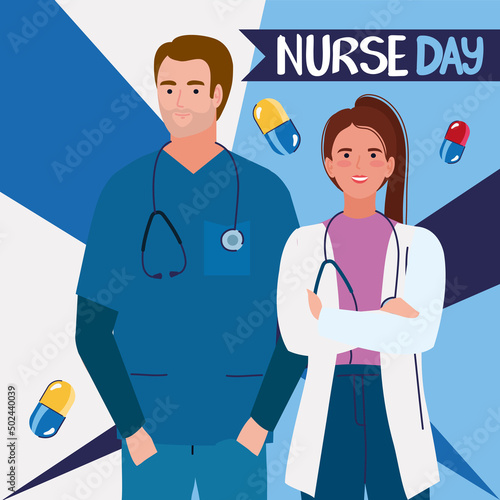 nurse day lettering with doctors