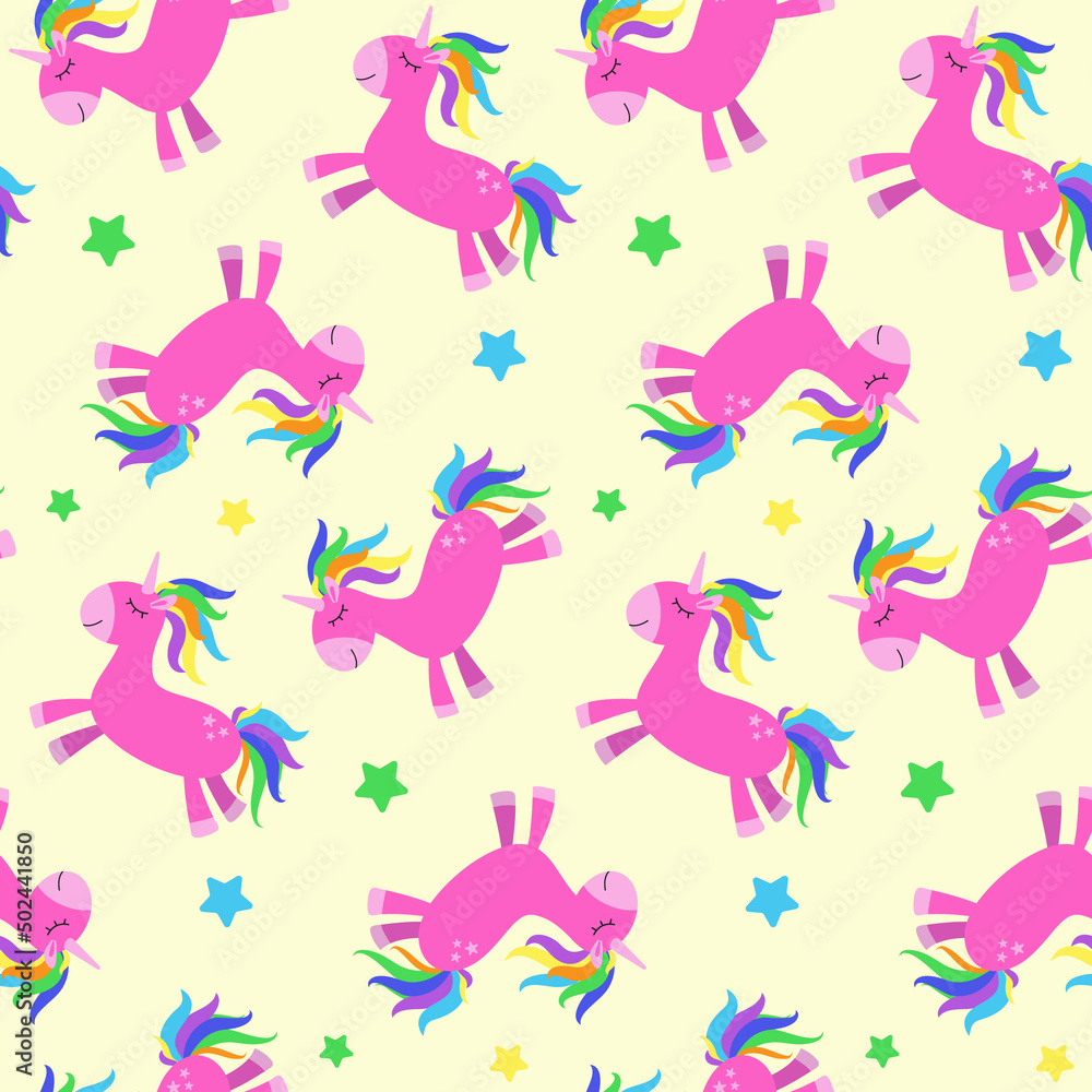Obraz premium Seamless pattern with funny cartoon unicorn. Cute background. Magical and fairy tale animal. Print for nursery wallpaper, textile, clothes, wrapping paper, design and decor. 