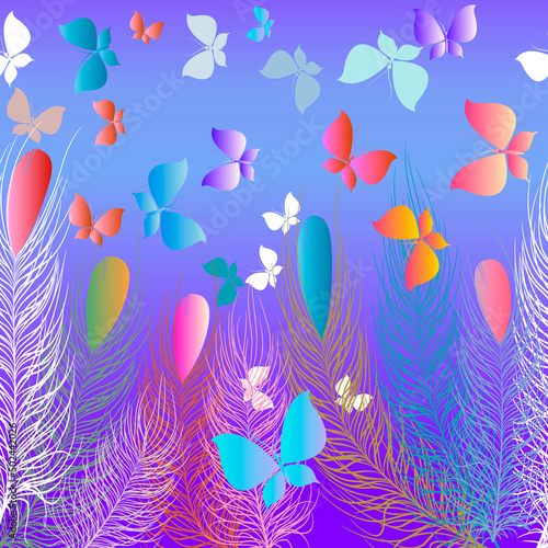 Cartoon bright seamless pattern for children, kids, baby. Floral colorful vector background with flying butterflies, sky, grass, flowers. Repeat gradient backdrop. Border. Decorative cute design © Naila Zeynalova