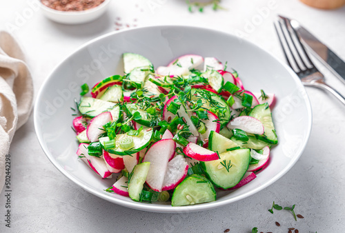 Fresh vegetable salad with radish, cucumber and fresh herbs on a light gray background. Dietary, healthy salad. Side view, close-up.