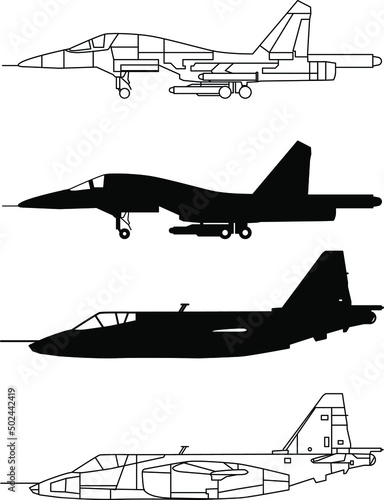 Su-25 and Su-34 Russian fighter-bomber aircraft icon drawing vector image.