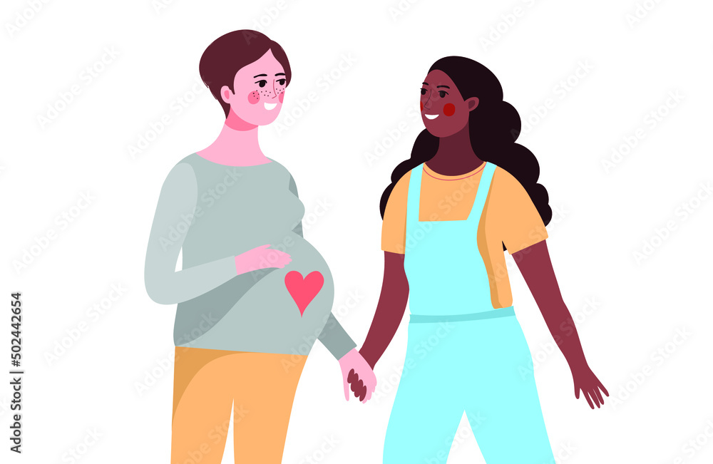 a happy LGBT female couple with one partner pregnant standing together, smiling and holding hands on white background - flat hand drawn vector illustration