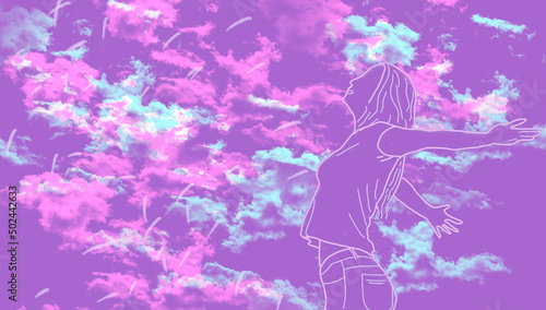 Mujer libre en medio de nubes de colores y fondo violeta