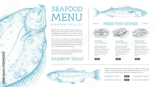 Seafood restaurant menu design with hand drawing fish. Vector illustration