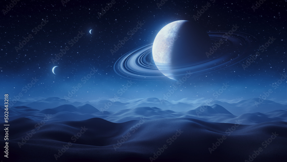 Night background of a desert landscape with a planet with rings in the sky and two small satellites. Sci-fi Environment. 3D Rendering - obrazy, fototapety, plakaty 