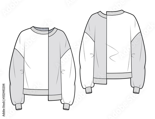 Unisex Sweatshirt fashion CAD.  Woman asymmetric Sweatshirt with rib details fashion flat technical drawing template.  Jersey or woven fabric sweatshirt with front, back view, white and grey color.