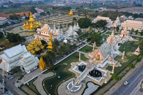 Aerial view of Wat Rong Khun  the white temple  at sunrise  in Chiang Rai  Thailand