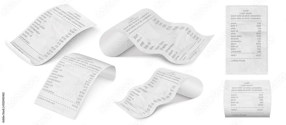 Naklejka premium Bill cheque receipt seller forms. Bills for cash or credit card transaction. Cash supermarket shop receipt paper.