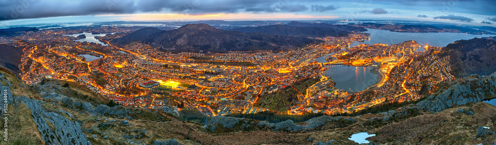 Panoramic aerial view of Bergen from Ulriken at sunset, Norway