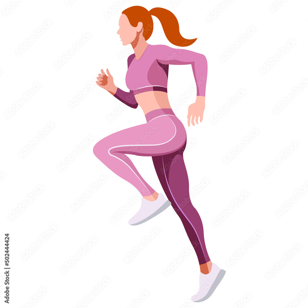 vector illustration of a beautiful slender girl in a sports uniform (leggings and a sports bra) is engaged in fitness, sports, trains isolated on a white background. woman runs. morning run. jogging. vector illustration of a beautiful slender girl in a sports uniform (leggings and a sports bra) is engaged in fitness, sports, trains isolated on a white background. woman runs. morning run. jogging.