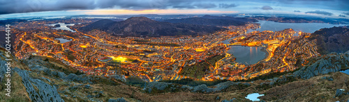 Panoramic aerial view of Bergen from Ulriken at sunset, Norway