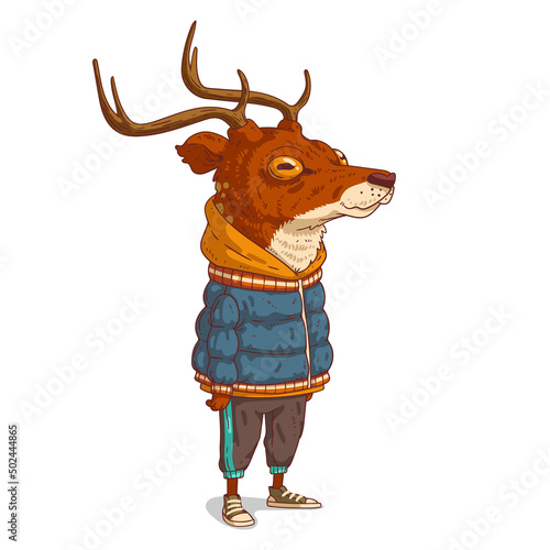 A Serene Bystander, isolated vector illustration. Calm anthropomorphic deer wearing a warm casual outfit and observing something tranquilly. A city dweller. An animal character with a human body.