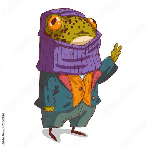 A Peaceful Frog Guy, isolated vector illustration. A trendy dressed anthropomorphic froglet showing a peace or a victory hand gesture. A humanized pacifist toad. An animal character with a human body.