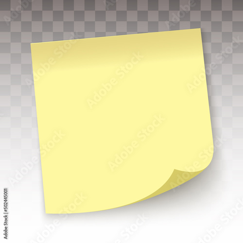 Yellow sticky note, isolated on a transparent background. Memo sticker realistic vector mockup. photo