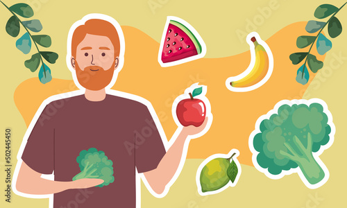 bearded man with fruits and vegetables