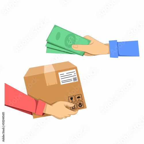 Payment by cash for express delivery. Flat illustration how people deliver package and pay for the delivery by cash. Human hand holds money and pay for the package. Courier get payment for it