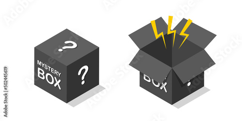 Closed and open mystery black box isometric icon. Secret prezent. Lucky prize concept. Vector illustration isolated on white background.