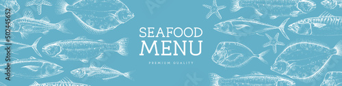 Seafood menu cover design with different kinds of fish. Vector illustration photo