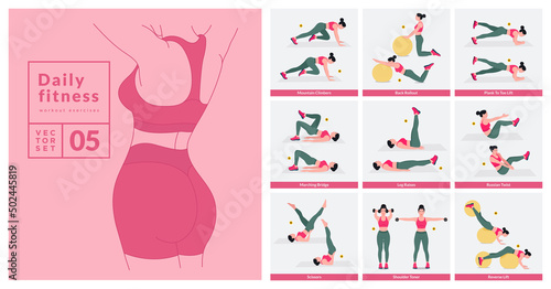 Women Workout Set. Women doing fitness and yoga exercises. Lunges, Pushups, Squats, Dumbbell rows, Burpees, Side planks, Situ ps, Glute bridge, Leg Raise, Russian Twist, Side Crunch .etc