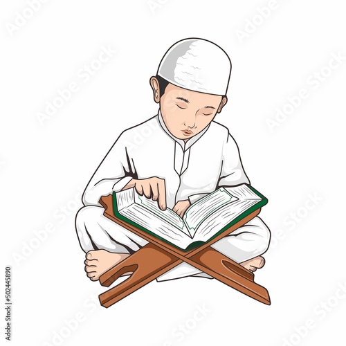 Muslim man cartoon reading Al-qur'an isolated in flat vector design. Ramadan Kareem and Eid Mubarak character design. Vector Illustration for poster, greeting card, banner, flyer.