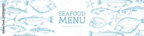 Seafood menu cover design with different kinds of fish. Vector illustration